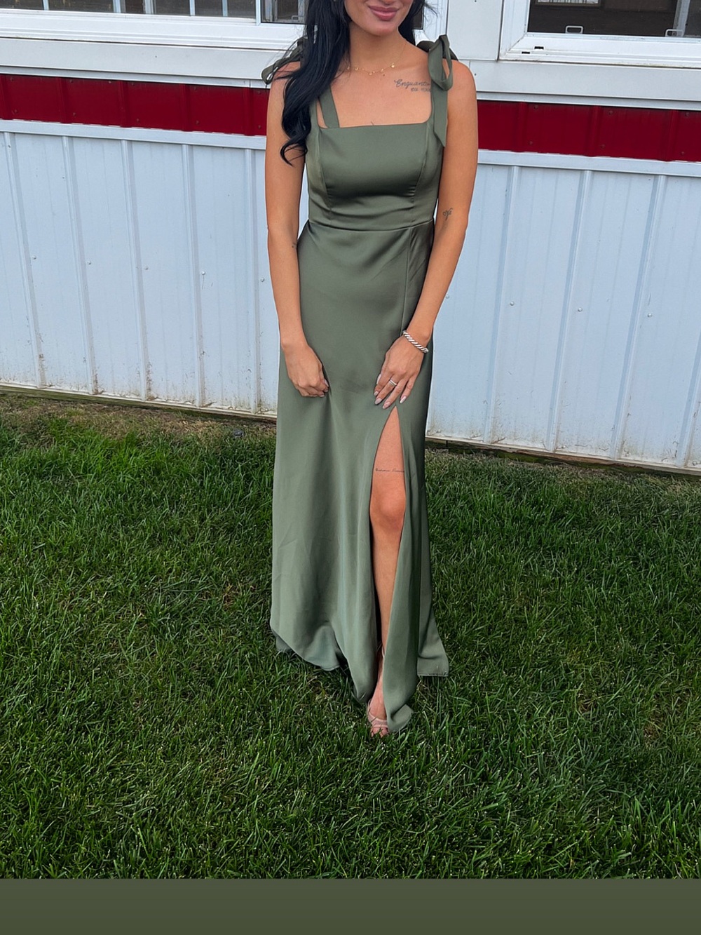 Olive Green Satin Tie-Shoulder Maxi Dress with Front Slit